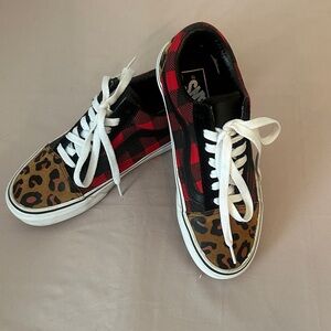 Vans Red & Black Buffalo Plaid Sneakers with Leopard Toe